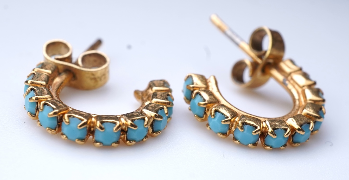 Eight pairs of earrings and pendant, comprising: a pair of onyx studs; a pair of emerald studs; a pair of sapphire and diamond drop earrings; a pair of opal drop earrings; a pair of garnet drop earrings; and a shell pend